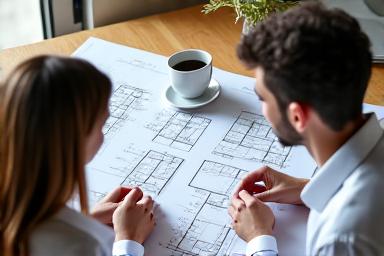 Dos personas conversando sobre planos de diseño.