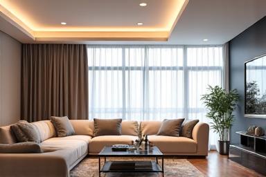 Render 3D de una sala de estar moderna.